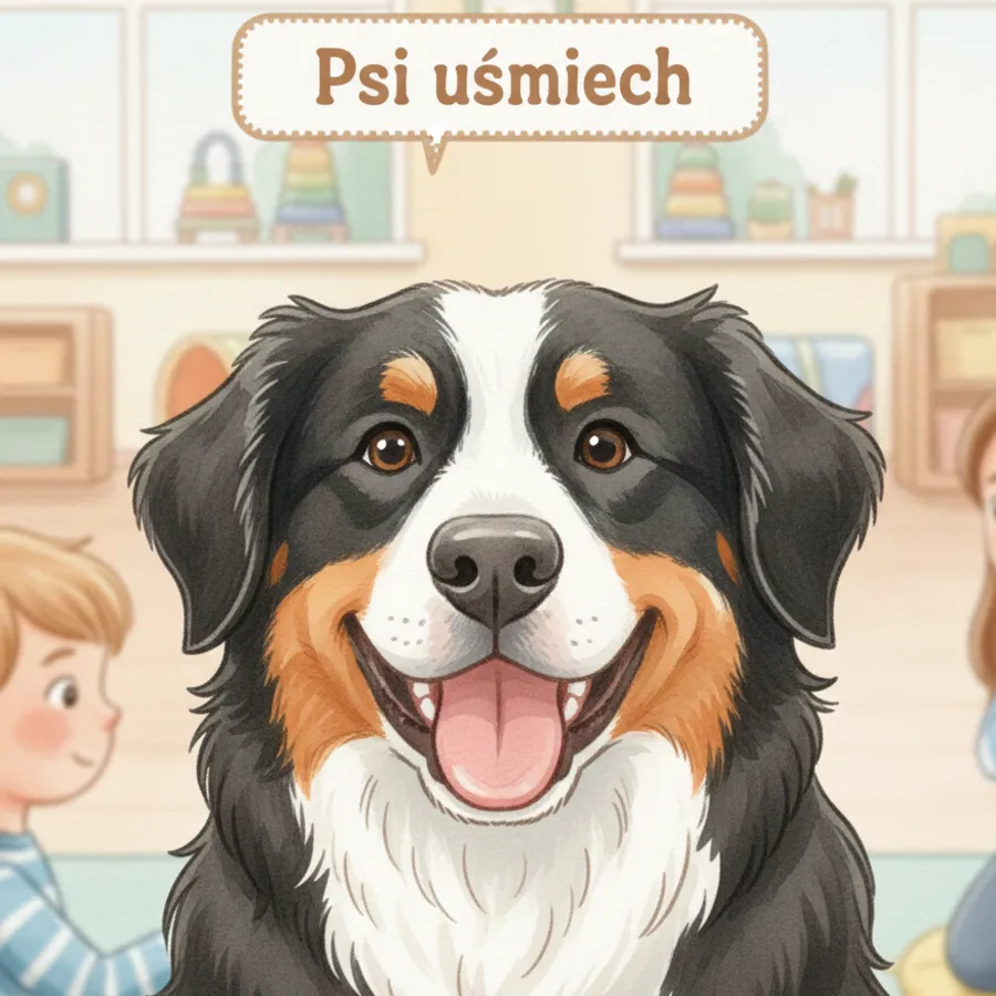 Uśmiechnięty Kosmo, berneński pies pasterski, na sali przedszkolnej