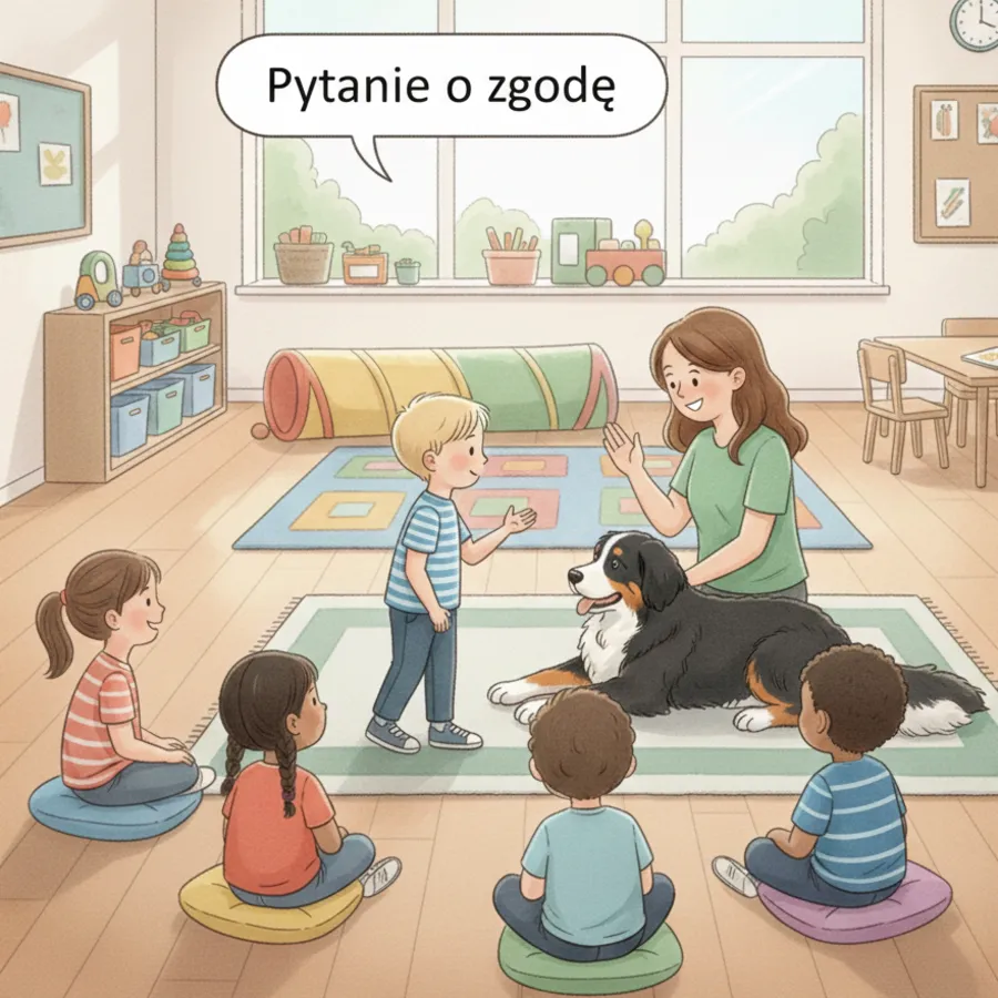 Chłopiec pyta opiekunkę, czy może pogłaskać Kosmo