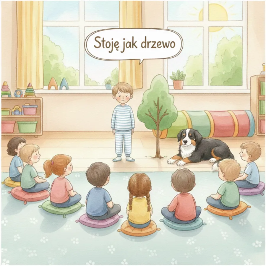 Chłopiec stoi nieruchomo jak drzewo, obok leży Kosmo